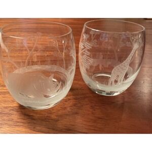 Rowland Ward VTG Big Game Rhinoceros & Giraffe Wildlife Etched Glass Set Of 2